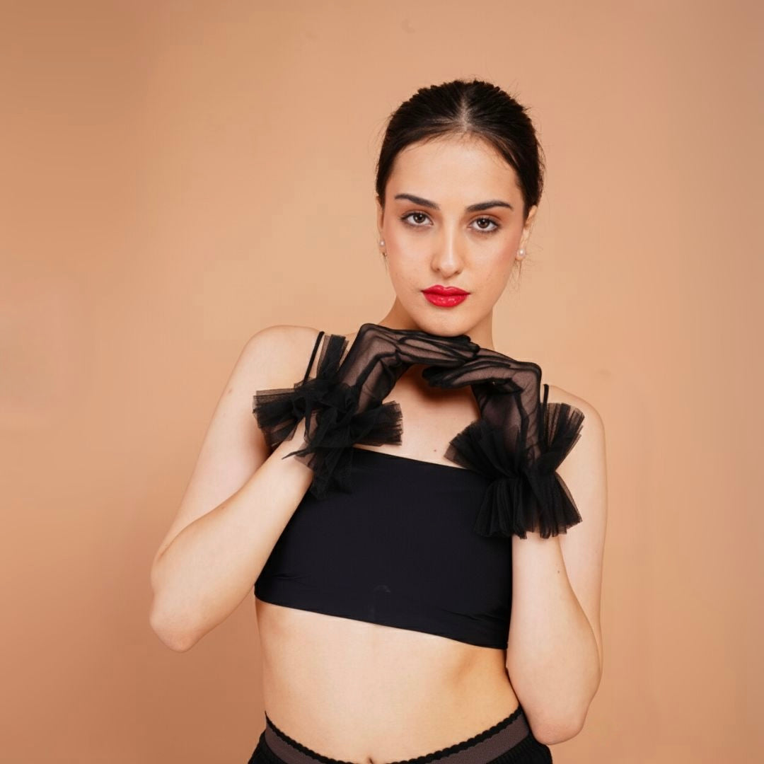 Oleander Gloves - Black Ruffled Tulle Gloves for Women